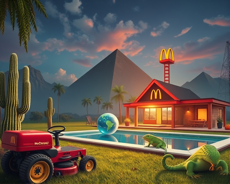 flag, kiwi, cactus, lawn mower, couch, crayon, mcdonalds, pyramid, pool, tower, crystal ball, cabin, lizard, noodle